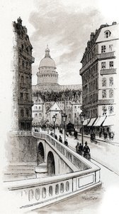 Vista da rue de Bellay e da cúpula do Panteão, Paris (Vista da rue du Bellay e da cúpula do Panteão, 5º distrito, Paris) Desenho de Gustave Fraipont (1849-1923) a partir de Saint-Juirs de Gustave Fraipont