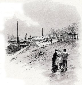 Vista das margens do rio Sena e do quai Saint-Bernard, Paris Desenho de Gustave Fraipont (1849-1923) desenha de "La seine a travers Paris" de Saint-Juirs