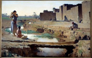 Orientalismo: "La Seguia perto de Biskra" Mulher e criança tomando água no rio em um oásis no deserto argelino. Pintura de Gustave Achille Guillaumet (1840-1887) 1884 Sol. 1x1,5 m Paris, musee d