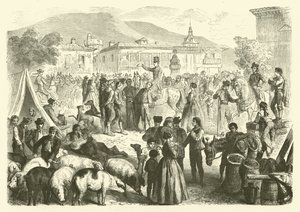 Feira anual da cidade de Alcalá, Espanha (gravura) de Gustave Janet