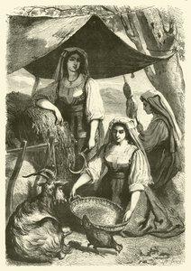 Mulheres vendendo feno a carroceiros na beira da estrada, Itália (gravura) de Gustave Janet