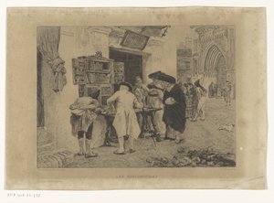 Homens reunidos em torno da exposição de um livreiro Les Bibliophiles (título no objeto) de Gustave Marie Greux
