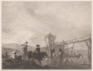 Descansando e nadando figuras em um banco Die pferdetränke (título no objeto) de Gustave Marie Greux