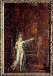 Tatuagem da Salomé. A Salomé dança no salão da festa de Herode. Herodes sentado em um trono alto é fascinado pela beleza do mágico. Pintura de Gustave Moreau (1826-1898) de Gustave Moreau