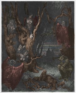 Inferno, Canto 13: As Harpias na floresta dos suicídios, ilustração da Divina Comédia de Dante Alighieri, 1885 (gravura digital colorida)