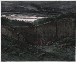 Inferno, Canto 3: Virgílio e Dante às portas do Inferno, ilustração da Divina Comédia de Dante Alighieri, 1885 (gravura digital colorida) de Gustave after Dore