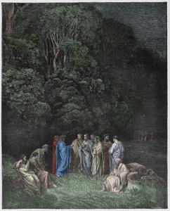 Inferno, Canto 4: Homero, os poetas e heróis no Limbo, ilustração da Divina Comédia de Dante Alighieri, 1885 (gravura digital colorida)