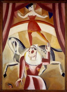 Circo III Um acrobata Ecuyere em equilíbrio num cavalo e um palhaço numa pista de circo dando um espectáculo. Pintura de Gustave de Smet (1877-1943) 1926 Sol. 1,3x1,1 m Grenoble, Musee des Beaux Arts Atenção! A utilização desta obra pode ser sujeita a uma 