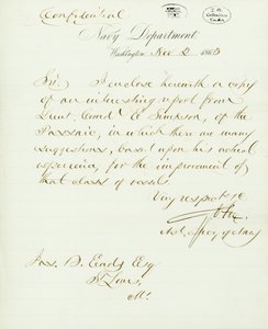 Carta assinada por G.V. Fox, Departamento da Marinha, Washington, para o Jas. B. Eads [James B. Eads], St. Louis, Mo., 2 de Novembro de 1863 de Gustavus Vasa Fox