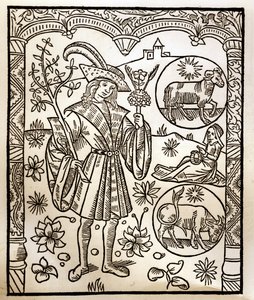 Calendário dos Pastores - Os Trabalhos dos Meses - Abril - Corte de madeira do livro de 1496 impresso por Guy Marchant (Guido Mercator) em Troyes - Gravura em madeira em "Le grand Calendrier et compost des shepherds" -