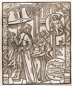 Calendário dos Pastores - Os Trabalhos dos Meses - Fevereiro - Corte de madeira do livro de 1496 impresso por Guy Marchant (Guido Mercator) em Troyes - Gravura em madeira em "Le grand Calendrier et compost des shepherds" -