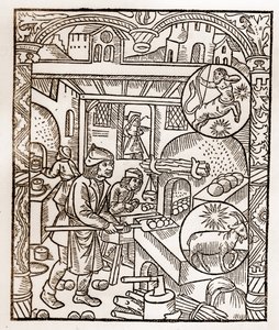 Calendário dos Pastores - Os Trabalhos dos Meses - Novembro - Corte de madeira do livro de 1496 impresso por Guy Marchant (Guido Mercator) em Troyes - Gravura em madeira em "Le grand Calendrier et compost des shepherds" - Forno de pão -