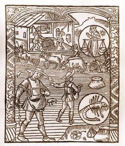 Calendário dos Pastores - Os Trabalhos dos Meses - Setembro - Lenha do livro de 1496 impresso por Guy Marchant (Guido Mercator) em Troyes - Au premier plan, des peassans sement a la volee - Lenha em "Le grand Calendrier et compost des shepherds" - de Guy Marchant