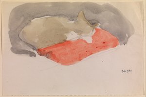 Gato dormindo em uma almofada vermelha (guache e lápis sobre papel) de Gwen John