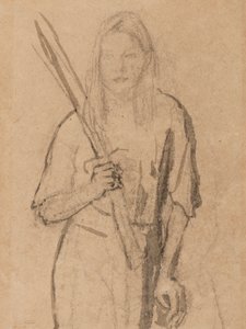 Garota de pé com poste de madeira na mão (lápis & lavagem em papel) de Gwen John