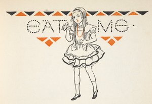 Ilustração de Alice com um pequeno bolo com as palavras "Eat Me" (Come-me).