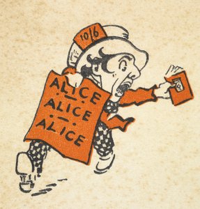 Ilustração do Chapeleiro Louco correndo com um livro e uma placa dizendo 