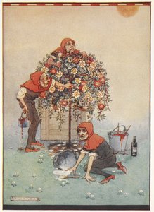 Os jardineiros da Rainha do Coração pintando as rosas de branco a vermelho de Alice no País das Maravilhas