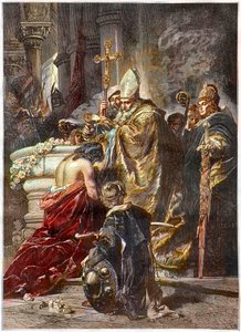 O Baptismo de Santo Estêvão (c970-1038), Santo e Primeiro Rei da Hungria - baptizado por Santo Adalbert de Praga Depois de uma obra de Gyula Benczur - O príncipe húngaro Vajk é baptizado por Santo Adalbert de Praga e toma o nome de Estêvão (Santo Estêvão I