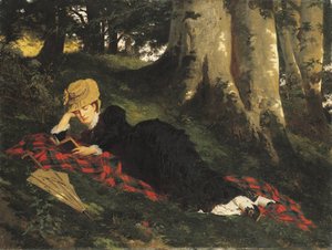 Mulher lendo em uma floresta de Gyula Benczúr