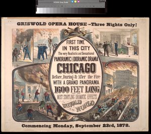Propaganda para um drama panorâmico e diorâmico sobre o incêndio de Chicago de 1871 na Griswold Opera House, 1878
