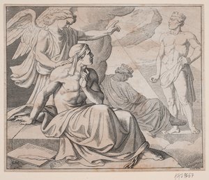Folha alegórica. Um anjo põe a mão no ombro de um homem e aponta para uma estátua de H. C. Henneberg