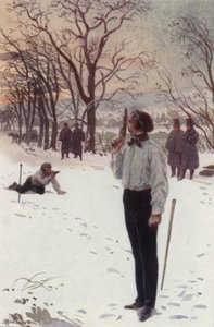 Henri, parado e cobrindo o rosto com a sua pistola, estava à espera (cor litho)