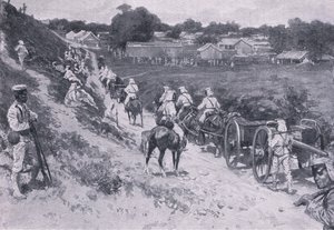 A expedição do Almirante Seymour: Tropas japonesas em marcha (litho) de H. M. Koekkoch