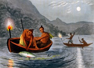 Nativos americanos pescando à luz de tochas na América do Norte, 1813