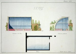 Design para uma estufa com paredes e telhado de vidro curvo, a partir de um fólio de desenhos originais nos estilos clássicos e precoces Belle-Epoque, c.1870 (caneta e tinta sobre papel)