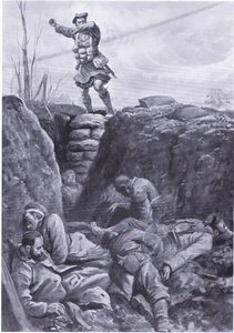 O soldado Brown (Gordon Highlander) bombardeia o inimigo numa trincheira alemã a partir do topo de uma barricada. (litho)