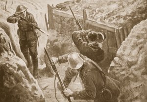 O soldado J. Hutchinson atirando em duas sentinelas alemãs ao liderar um ataque a uma vala alemã de H. Ripperger
