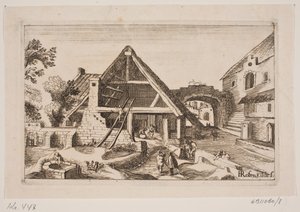 Interior da cidade com celeiro e nascimento de Jesus de H. Rosenkilde