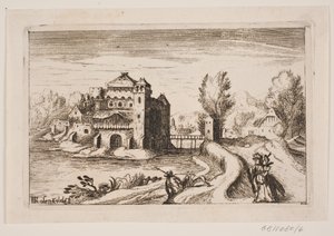 Paisagem do rio com castelo em uma margem de H. Rosenkilde