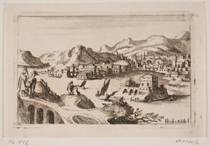 Paisagem costeira montanhosa com edifícios orientais de H. Rosenkilde