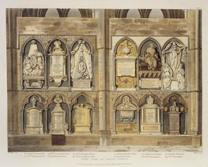 Lado Oeste do Canto dos Poetas, placa 24 da Abadia de Westminster, gravada por J. Bluck (fl.1791-1831) pub. por Rudolph Ackermann (1764-1834) 1811 (aquatinta) de H. Villiers