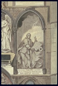 Lado oeste do canto dos poetas, placa 25 da Abadia de Westminster, detalhe do Monumento fúnebre de George Frederick Handel 1685-1759, gravado por J. Bluck fl.1791-1831 pub. por Rudolph Ackermann 1764-1834 1 de H. Villiers