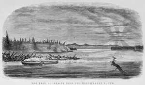 As montanhas gêmeas da boca de Melozikakat, de "Alaska e seus recursos", por William H. Dall, gravado por John Andrew, bar. 1870