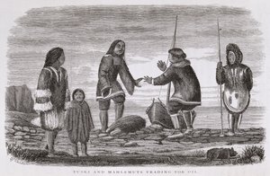 Tuski e Mahlemuts Trading for Oil, de &39;Alaska e seus recursos&39;, por William H. Dall, gravado por John Andrew, pub. 1870