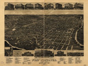 Mapa de perspectiva não desenhado em escala. Vista aérea. LC Panoramic maps (2ª ed.), 910 Disponível também no site da Library of Congress como imagem raster. Inclui ilustração, índice de pontos de interesse e mapa das instalações ferroviárias de Fort Wort de H. Wellge