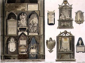 Lado oeste do canto dos poetas, prato 25 da Abadia de Westminster, gravado por J. Bluck (fl.1791-1831) pub. por Rudolph Ackermann (1764-1834) 1811 (aquatinta) de H. after Villiers