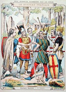 Guerreiros gauleses fazendo um juramento, de uma manga protectora para livros escolares, no final do século XIX (cor litho) de H. and Louis R. Feist