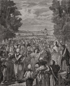 As mulheres marcham sobre Versalhes, de 5 a 6 de outubro de 1789, gravadas por Pannemaker-Ligny, de "Histoire de la Revolution Française", de Louis Blanc (1811-82)