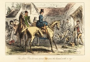 Caçadores vêem os cães de caça a sair de uma prisão antes de uma caçada. de after Hablot Knight Browne