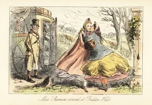 Senhoras em crinolines abraçando em frente a um portão de after Hablot Knight Browne