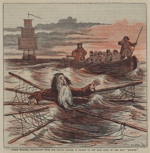 Peter Wilkins, viajando da Ilha Voadora, é apanhado ao largo do Cabo Horn pelo navio "Hector" (cor litho) de after Hablot Knight Browne