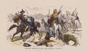 Robinson Crusoe atacado e roubado por Tártaros (gravura colorida) de after Hablot Knight Browne