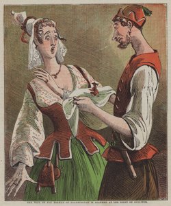 A esposa do fazendeiro de Brobdingnag fica alarmada com a visão de Gulliver (cor litho)