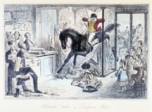 Caçador de cavalos a entrar acidentalmente numa loja de tecidos. O desenho animado em inglês sobre a caça é retirado de "aventuras de Thomas Scott ou Hawbuck Grange", ilustração de H.K. Browne e W.T. Maud. de Hablot Knight Browne