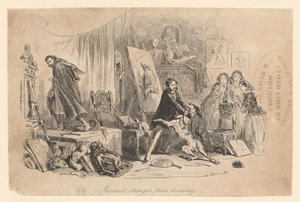 No seu ateliê, Henry Gowan contém o seu cão, que acaba de reconhecer o criminoso Rigaud de Hablot Knight Browne